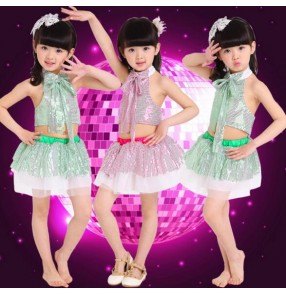 Sequined green fuchsia girls kids child kids children jazz dance modern dance stage performance school play dance outfits costumes